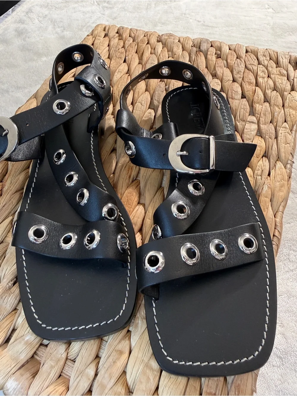 J.Crew Black Leather Grommet Buckle Strappy Flat Sandals Women's Size 7